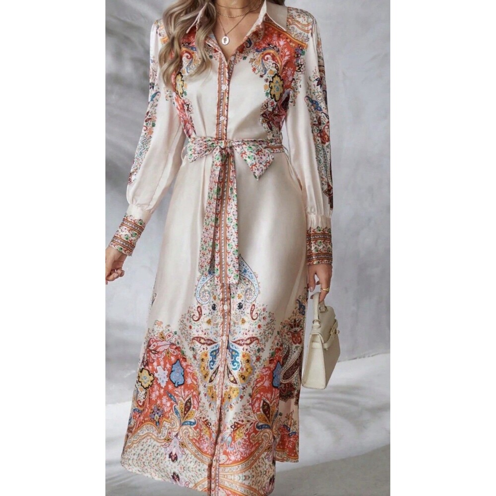 Boho Paisley Print Button Front Maxi Shirt Dress Long Sleeve Pink No Belt Size L